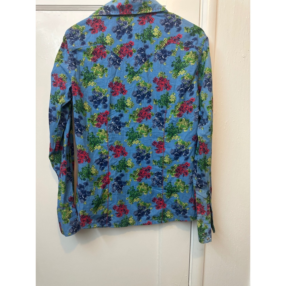 RU Women Blue Floral Western Pearl Snap‎ Shirt Cotton Pick Stitch Long Sleeve M - Picture 5 of 8